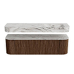 MONDIAZ THOR-DLUX 160cm badmeubel ronding links + rechts kleur Walnut met 1 lade en 2 deuren. Vrijhangende wastafel CLOUD Rechts 1 kraangat kleur Glace. SW1465010