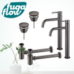 FugaFlow Eccelente Sobrado Slim Kit robinet lavabo - pour double vasque - robinet rehaussé - bonde clic clac - siphon design bas - Gunmetal PVD SW1124090