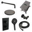Ensemble de douche pluie encastré Brauer Black Carving - douche principale 20 cm - bras mural - avec partie encastrable - 2 fonctions - bouton carving - douchette ronde 1 fonction - noir mat SW716210