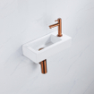 FugaFlow Efficiente Pietra Ensemble de fontaine - 37,5x18,5x9cm - céramique - trou de robinet à droite - robinet de fontaine en cuivre brossé - bouchon de vidange - siphon abaissé - Blanc brillant SW1442194