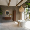 MONDIAZ KURVE-DLUX meuble de salle de bains 95cm arrondi Droit couleur Noyer avec 1 tiroir et 1 porte. Lavabo BIG SMALL Gauche sans trou de robinet Saba. SW1433165