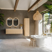 MONDIAZ KURVE-DLUX Meuble de salle de bains 145 cm avec module 25 R couleur chêne avec 1 tiroir et 1 porte. Lavabo BIG LARGE gauche sans trou de robinet couleur Ostra. SW1137741