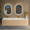 MONDIAZ KURVE-DLUX meuble de salle de bains 175cm avec module 25 R couleur chêne avec 2 tiroirs et 1 porte. Lavabo STOR SMALL double / gauche 2 trous de robinet couleur Ostra. SW1137809