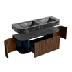 MONDIAZ THOR-DLUX 130cm badmeubel ronding links + rechts kleur Walnut met 1 lade en 2 deuren. Vrijhangende wastafel CLOUD Dubbel zonder kraangat kleur Lava. SW1463579