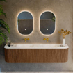 MONDIAZ KURVE-DLUX 180cm Meuble salle de bain avec module 25 G et D - couleur Walnut - 2 tiroirs - 2 portes - vasque LEAF double - sans trou de robinet - couleur Ostra SW1137901