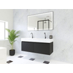 HR Matrix ensemble meuble de salle de bain 3d 120cm 2 tiroirs sans poignée avec bandeau couleur noir mat avec vasque kube double 2 trous de robinetterie blanc SW857086
