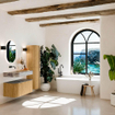 MONDIAZ THOR-DLUX Meuble de salle de bains 100cm arrondi gauche + droite couleur Oak avec 1 tiroir et 2 portes. Vasque suspendue CLOUD Gauche sans trou de robinet couleur Sombra. SW1467609