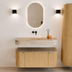 MONDIAZ THOR-DLUX Meuble de salle de bains - 110cm - arrondi gauche + droite - couleur Oak - 1 tiroir - 2 portes - Vasque suspendue CLOUD Milieu sans trou de robinet couleur Arena SW1462870