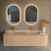 MONDIAZ KURVE-DLUX meuble de salle de bains 155cm arrondi à droite couleur chêne avec 2 tiroirs et 1 porte. Lavabo LEAF double / gauche 2 trous de robinet Saba. SW1433116