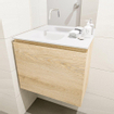 Mondiaz OLAN Meuble lave-mains 60x30x40cm sans trous de robinet 1 tiroir Washed oak mat avec lavabo LEX Gauche Solid Surface Blanc SW473470