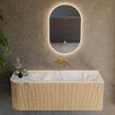 MONDIAZ KURVE-DLUX meuble de salle de bains 125cm avec module 25 L couleur chêne avec 1 tiroir et 1 porte. Lavabo BIG MEDIUM droit sans trou de robinetterie couleur Glace. SW1137997