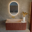 MONDIAZ KURVE-DLUX Meuble de salle de bains 105cm arrondi à droite couleur Ruby avec 1 tiroir et 1 porte. Lavabo BIG SMALL gauche sans trou de robinet Saba. SW1433450