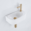 QeramiQ Fuente Ensemble de Lavabo - 40x21.5x12cm - droit - strié - demi-rond - 1 trou de robinet - céramique - ensemble de robinet en laiton brossé - bouchon de vidange - siphon abaissé - blanc mat SW1233025