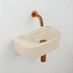 QeramiQ Fuente Ensemble de Lavabo - 40x21.5x12cm - strié - demi-rond - sans trou pour robinet céramique - ensemble de robinet en cuivre brossé - bouchon de vidange - siphon réduit - beige SW1233129