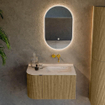 MONDIAZ KURVE-DLUX Meuble de salle de bains 75cm arrondi à gauche couleur Dusk avec 1 tiroir et 1 porte. Lavabo GRUNNE à droite sans trou de robinet Nata. SW1432342
