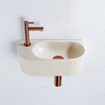 QeramiQ Fuente Ensemble de lavabo - 40x21.5x12cm - gauche - nervuré - demi-rond - 1 trou de robinet - céramique - robinet de lave-mains cuivre brossé - bouchon de vidange - siphon abaissé - beige SW1233044