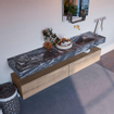 Mondiaz ALAN-DLUX Ensemble de meuble - 200cm - meuble Washed Oak mat - 2 tiroirs - Lavabo Cloud Lava suspendu - vasque Droite - 0 trous de robinet SW808778