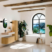 MONDIAZ THOR-DLUX 100cm meuble de salle de bains arrondi gauche + droite couleur Oak avec 1 tiroir et 2 portes. Vasque suspendue CLOUD gauche 1 trou de robinet couleur Saba. SW1467553