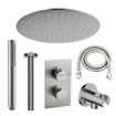 Fortifura Calvi Ensemble de douche de tête encastré - thermostatique - bras de plafond - douche de tête 25 cm - douchette bâton - flexible de douche lisse - Acier inoxydable brossé PVD (Inox) SW1233142