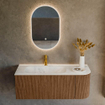 MONDIAZ KURVE-DLUX 115cm Meuble salle de bain avec module 25 D - couleur Walnut - 1 tiroir - 1 porte - vasque BIG SMALL gauche - 1 trou de robinet - couleur Opalo SW1137611