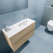 MONDIAZ ADA Toiletmeubel - 80x30x50cm - 1 kraangat - 2 lades - washed oak mat - wasbak midden - Solid surface - Wit SW472769