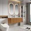 Royal Plaza Terra Edge Ensemble meuble de salle de bains - 140x45.5x46cm - vasque en céramique blanc brillant - 2 vasques - sans trous de robinet - 2 tiroirs - sandwood (chêne clair) SW1471942