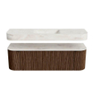 MONDIAZ THOR-DLUX 150cm badmeubel ronding links + rechts kleur Walnut met 1 lade en 2 deuren. Vrijhangende wastafel CLOUD Midden zonder kraangat kleur Ostra. SW1464666