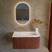 Mondiaz KURVE-DLUX Ensemble meuble de salle de bains - 85x46x40cm - 1 tiroir - 1 porte - lavabo solid surface - gauche - sans trou de robinet - Ruby SW1415910