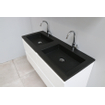 Basic Bella Meuble salle de bains avec lavabo acrylique Noir avec armoire toilette 2 portes gris 120x55x46cm 2 trous de robinet Blanc brillant SW491943