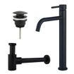 Fortifura Calvi Slim Wastafelkraanset - verhoogde wastafelkraan - klikwaste plug - verlaagde design sifon - Mat zwart SW891963