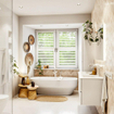 MONDIAZ VICA 120cm meuble sous lavabo Talc 4 tiroirs. Lavabo DENIA double 2 trous de robinet, couleur Blanc Brillant. SW1381837