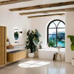 MONDIAZ THOR-DLUX 140cm badmeubel ronding links + rechts kleur Oak met 1 lade en 2 deuren. Vrijhangende wastafel CLOUD Rechts zonder kraangat kleur Oza. SW1464269