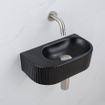 QeramiQ Fuente Ensemble de Lavabo - 40x21.5x12cm - strié - demi-rond - céramique - ensemble de robinet en acier inoxydable brossé - bouchon de vidange - siphon réduit - noir mat SW1233104