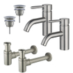 Fortifura Calvi Kit robinet lavabo - pour double vasque - robinet bas - bonde non-obturable - siphon design bas - Inox brossé PVD SW891996