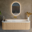 MONDIAZ KURVE 150cm Meuble salle de bain avec module 25 G et D - couleur Oak - 1 tiroir - 2 portes - vasque BIG MEDIUM centre - sans trous de robinet - Talc SW1138183