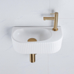 QeramiQ Fuente Ensemble de Lavabo - 40x21.5x12cm - droit - strié - demi-rond - 1 trou de robinet - céramique - ensemble de robinet en laiton brossé - bouchon de vidange - siphon abaissé - blanc mat SW1233025