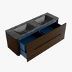 Mondiaz CIRO-DLUX Meuble de salle de bains - 140x45x50cm - Lavabo solid surface Lava - 2 vasques double - 2 trous de robinetterie - 4 tiroirs - Noyer SW1530201