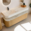 MONDIAZ THOR-DLUX 150cm badmeubel ronding links + rechts kleur Oak met 1 lade en 2 deuren. Vrijhangende wastafel CLOUD Links 1 kraangat kleur Ostra. SW1464620