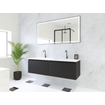 HR Matrix ensemble meuble de salle de bain 3d 140cm 2 tiroirs sans poignée avec bandeau couleur noir mat avec vasque fine 2 trous de robinetterie blanc mat SW857134