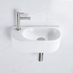 QeramiQ Fuente Ensemble de lavabo - 40x21.5x12cm - gauche - nervuré - demi-rond - 1 trou de robinet - céramique - robinet de lave-mains en acier inoxydable brossé - bonde - siphon abaissé - blanc brillant SW1233014