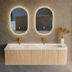 MONDIAZ KURVE-DLUX 155cm Meuble salle de bain avec module 25 D - couleur Oak - 2 tiroirs - 1 porte - vasque LEAF double / gauche - 2 trous de robinet - couleur Ostra SW1137784