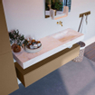 Mondiaz ALAN-DLUX Ensemble de meuble - 150cm - meuble - Oro mat - 1 tiroir - Lavabo Cloud Ostra suspendu - vasque droite - 0 trous de robinet - Beige SW807742