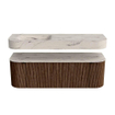MONDIAZ THOR-DLUX 140cm badmeubel ronding links + rechts kleur Walnut met 1 lade en 2 deuren. Vrijhangende wastafel CLOUD Links 1 kraangat kleur Nata. SW1464435