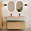 MONDIAZ THOR-DLUX 120cm meuble de salle de bains arrondi gauche + droite couleur Chêne avec 1 tiroir et 2 portes. Vasque suspendue CLOUD Double 2 trous de robinet couleur Arena. SW1463423