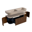 MONDIAZ THOR-DLUX 130cm badmeubel ronding links + rechts kleur Walnut met 1 lade en 2 deuren. Vrijhangende wastafel CLOUD Dubbel zonder kraangat kleur Saba. SW1464040