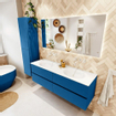 Mondiaz VICA ensemble de meuble de salle de bain - 150cm - meuble sous-vasque jeans - 4 tiroirs - lavabo moon double - sans trous de robinet - couleur talc - miroir LED - version XL 60cm de haut SW1092167