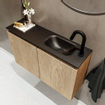 MONDIAZ TURE Kit lave-mains - 80x23x50cm - 1 trou de robinet - 2 portes - chêne blanchi mat - Lavabo à droite - Solid Surface Noir SW475494