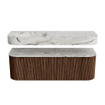 MONDIAZ THOR-DLUX 140cm badmeubel ronding links + rechts kleur Walnut met 1 lade en 2 deuren. Vrijhangende wastafel CLOUD Links 1 kraangat kleur Glace. SW1463968