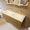 Mondiaz VICA-DLUX ensemble de meuble de salle de bain - 130cm - meuble sous-vasque oro - 4 tiroirs - lavabo encastré cloud double - sans trous de robinet - miroir modèle spot - version XL 60cm de haut - ostra SW1098372