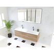 HR badmeubelen Matrix 3D Ensemble meuble de salle de bains 140cm 2 tiroirs sans poignées avec liste de prise en couleur French oak avec lavabo thin 2 trous de robinet blanc mat SW857140